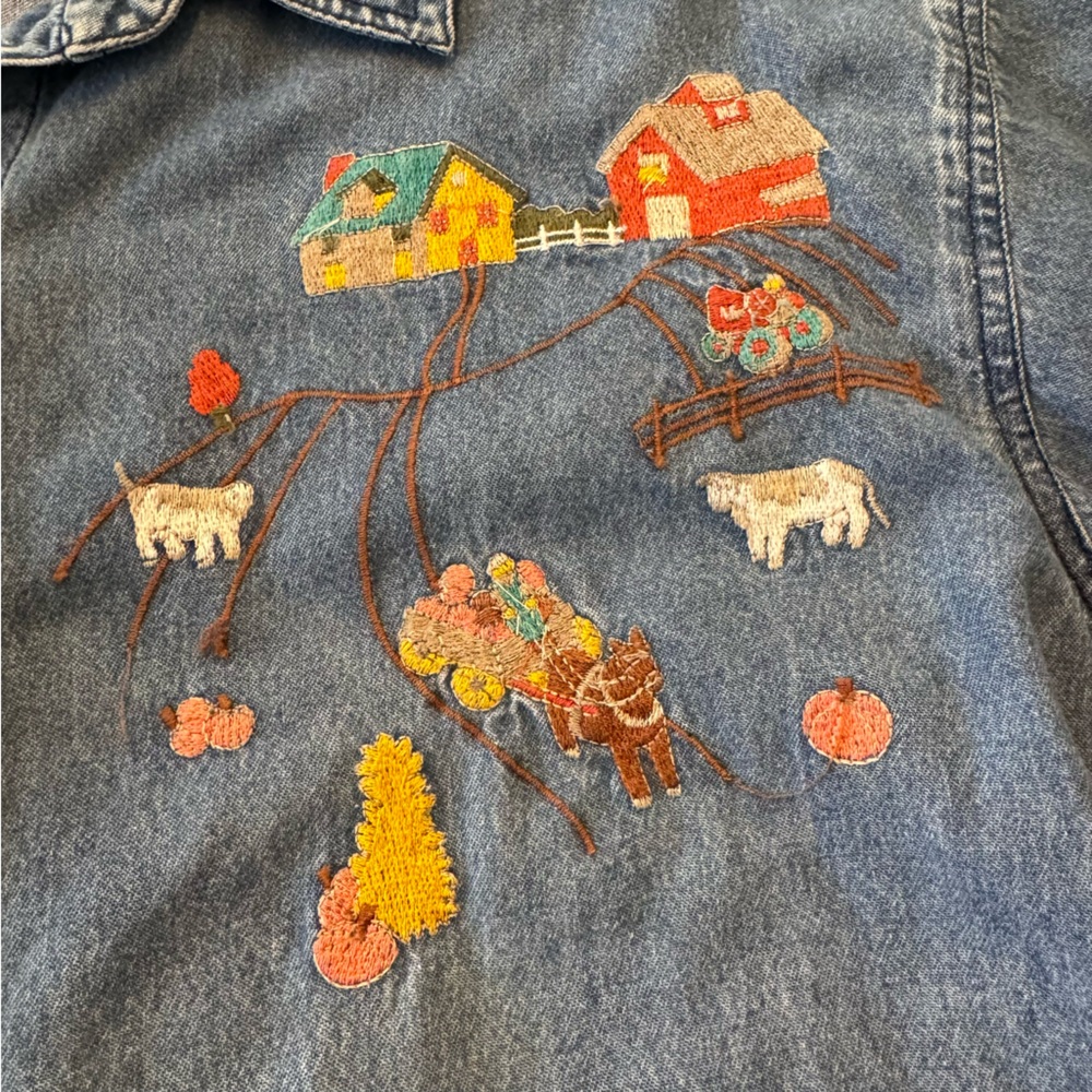 Cabin Creek Women’s Vintage Fall Themed Farm Embroidered Denim Button Down Large - Picture 5 of 7